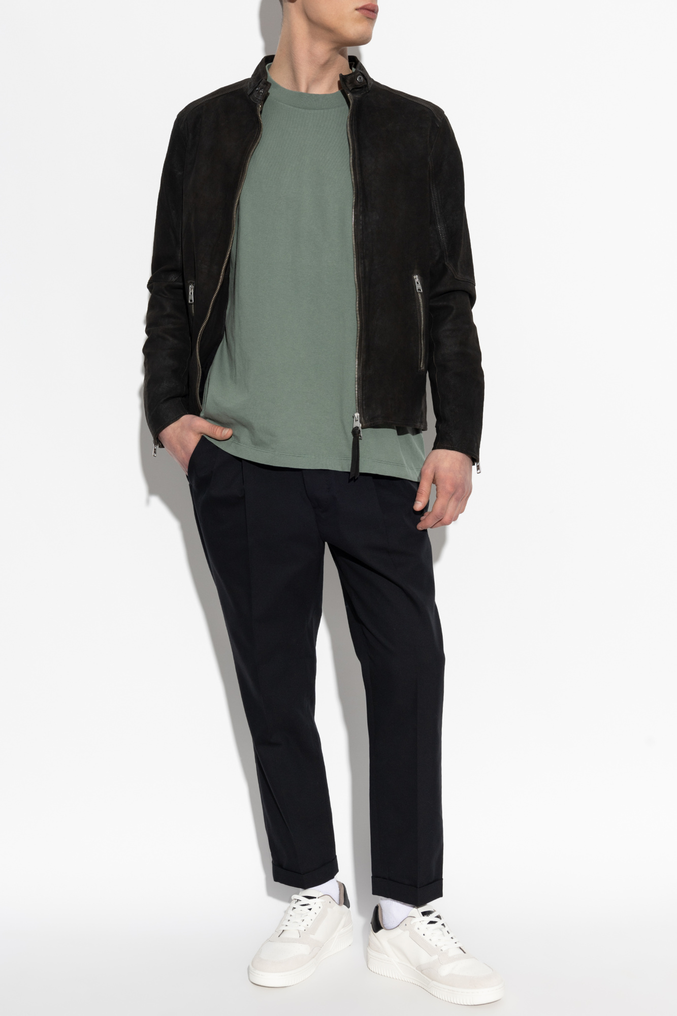 Giacca Uomo AllSaints Cora In Pelle Scamosciata, Design Elegante E Moderno, Hardware In Metallo, Fodera Traspirante